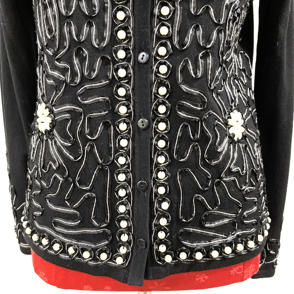 Black cardigan sweater lace applique pearl beadwork embellishment dressy size M - Picture 5 of 10